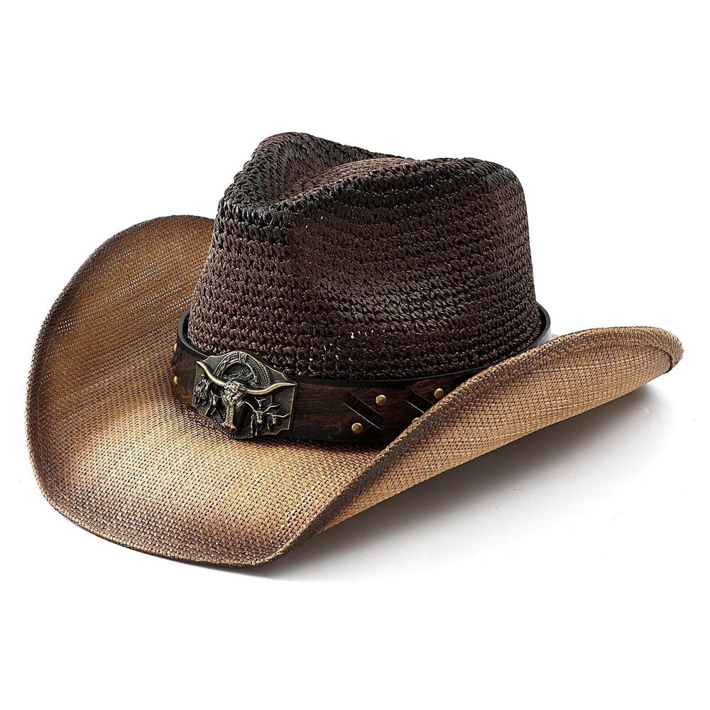 6951 Brown Straw Cowboy Hat & - Natural Braided Straw with Leather-Style